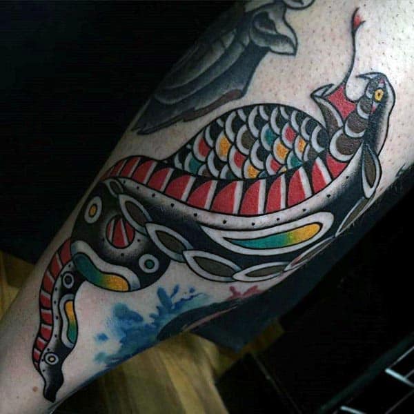 Sailor Jerry Colorful Cobra Mens Leg Tattoos