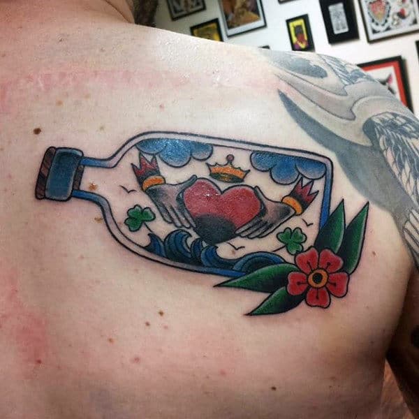 Sailor Jerry Style Claddagh In A Bottle Mens Shoulder Back Tattoo