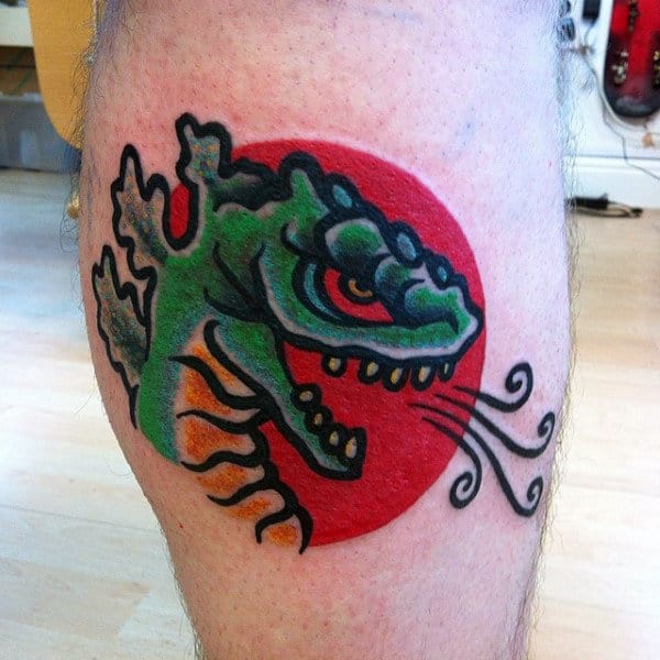 Sailor Jerry Style Godzilla With Sun Tattoo On Male