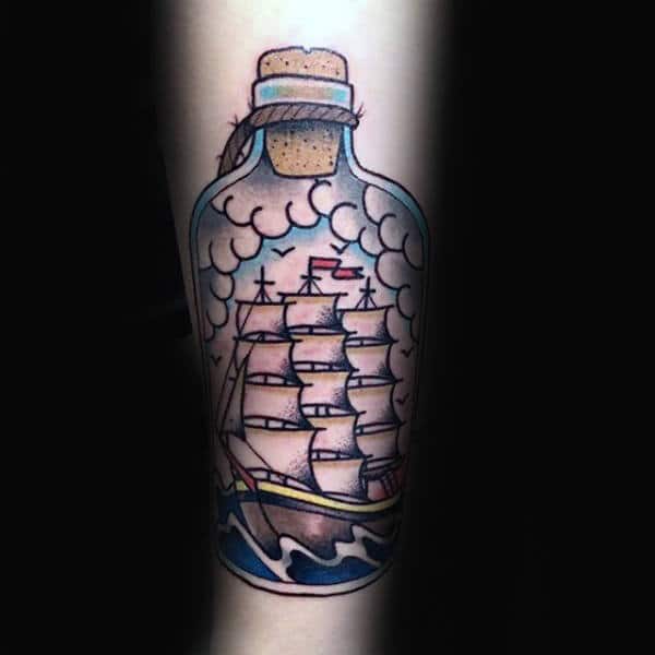 Sailor Jerry Style Male Ship In A Bottle Tattoos