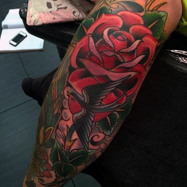 Sailor Jerry Style Red Elbow Rose Tattoo For Males