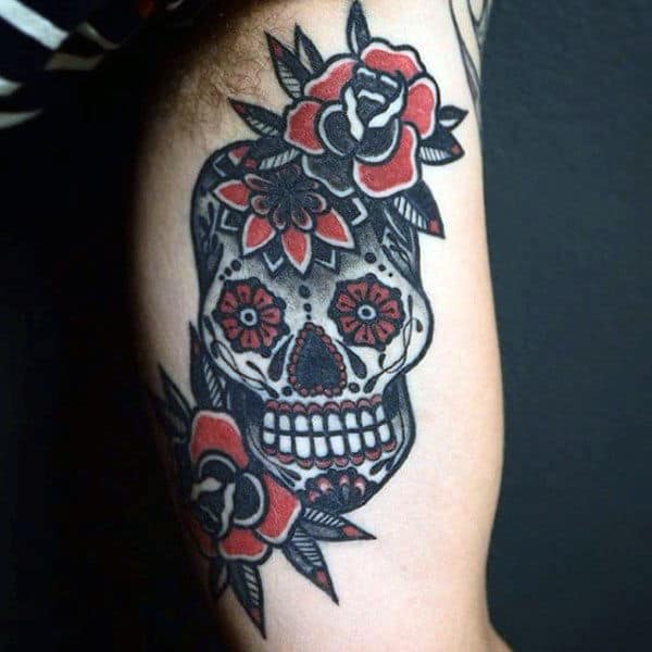 Sailor Jerry Style Sugar Skull Mens Bicep Tattoo With Flowers