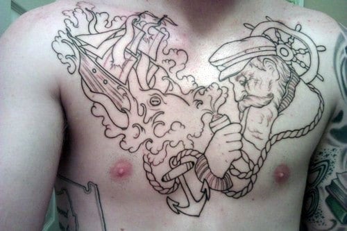 Sailor Smoking Pipe With Kraken Attacking Ship Guys Nautical Chest Tattoo