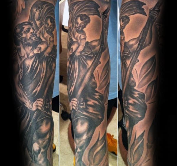 Saint Christopher Mens Full Arm Sleeve Tattoos