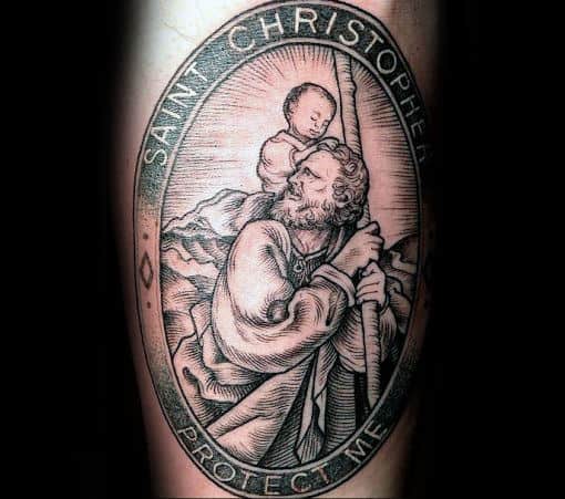 Saint Christopher Protect Me Guys Inner Forearm Tattoo With Woodcut Design