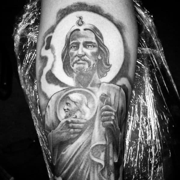 Saint Jude Tattoo On Mans Leg