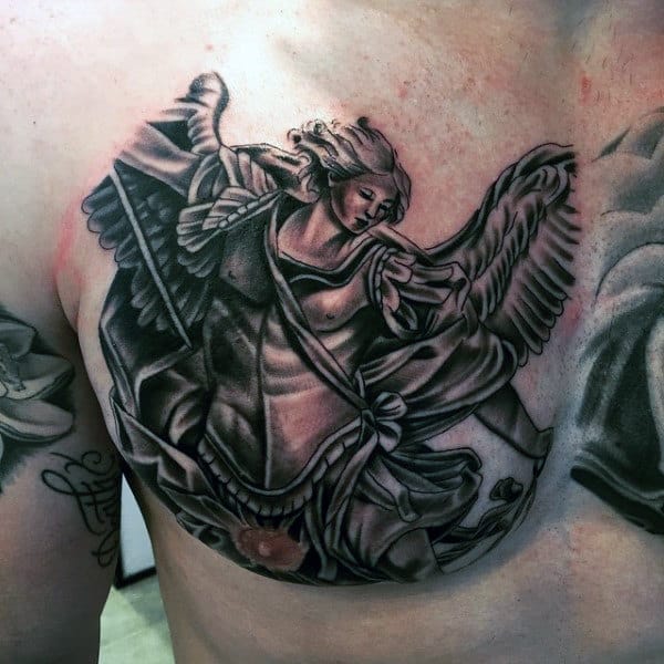 Saint Micheal Prayer Tattoo For Men On Left Chest