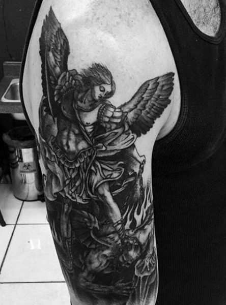 Black Saint Michael The Archangel Tattoos On Man