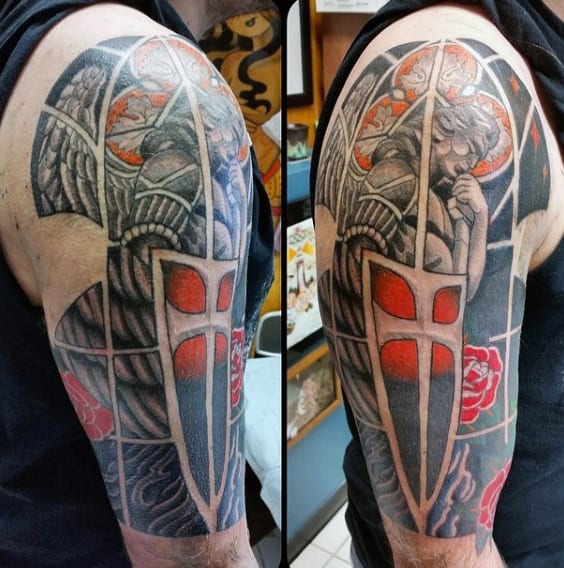 Saint Micheal Mens Half Sleeve Stained Glass Tattoo Ideas