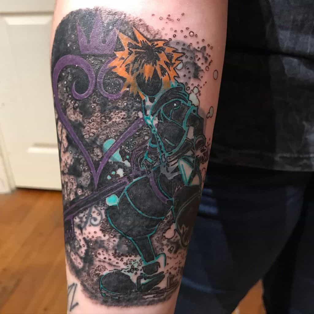 Dark-themed Kingdom Hearts tattoo featuring Anti Form Sora with a shadowy aura, neon blue outlines, and a Heartless emblem in the background.