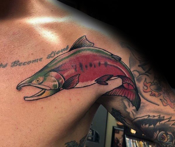 Realistic salmon tattoo with vibrant red and green tones, placed on the chest, symbolizing strength, resilience, and the spirit of the wild.