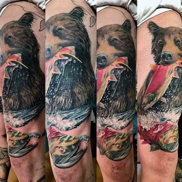 Realistic tattoo of a bear catching a salmon, featuring intricate details, splashing water, and bold colors for a dynamic and nature-inspired sleeve design.