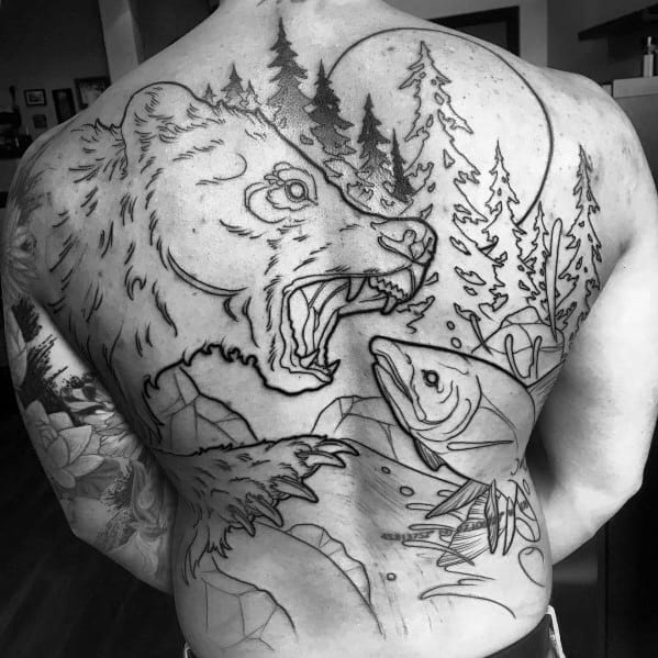 Large back tattoo outline featuring a roaring bear and a leaping salmon, set against a forest and moonlit river, creating a bold wildlife scene.