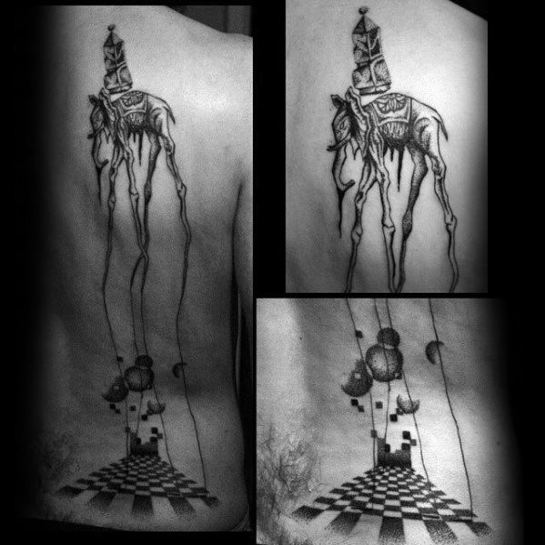 Black and grey surreal tattoo inspired by Salvador Dali, featuring long-legged elephants and a floating chessboard with geometric and cosmic elements.