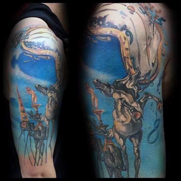Colorful upper arm tattoo inspired by Salvador Dali’s “The Elephants,” featuring long-legged creatures, surreal figures, and a melting clock above.