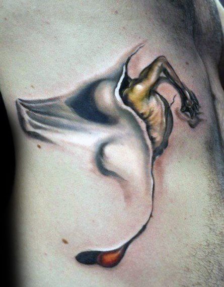 Surreal Salvador Dali-inspired tattoo of a distorted horse-like figure emerging from abstract, melting shapes in soft, dreamlike tones.