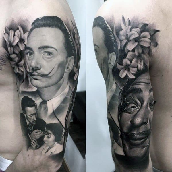 Black and grey Salvador Dali tattoo sleeve featuring detailed portraits, blooming flowers, and a romantic scene with classic cinematic style.