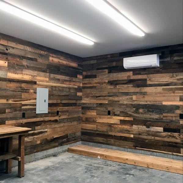salvaged rustic barn wood garage wall concrete floor