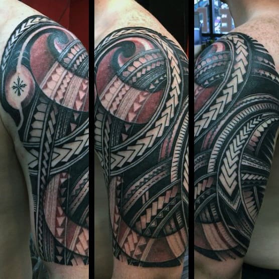 Samoan Tribal Mens Red And Black Ink Half Sleeve Tattoos
