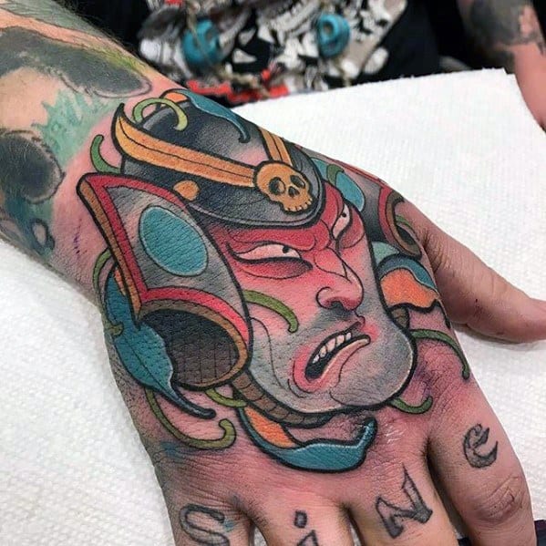 Samuari Colorful Mens Unique Tattoo Designs On Hands