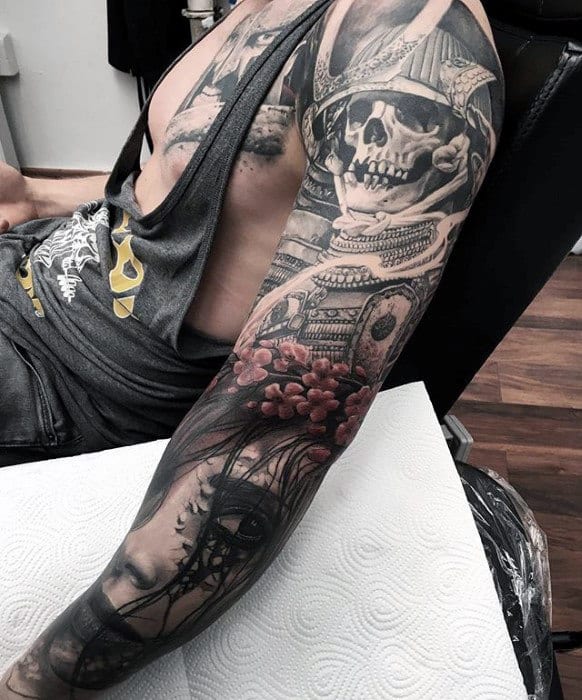 Samuari Helmet Skull Guys 3d Sleeve Tattoo Design Inspiration