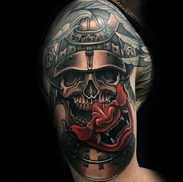 Samuari Helmet With Red Japanese Demon Mask Unbelievable Guys Arm Tattoos