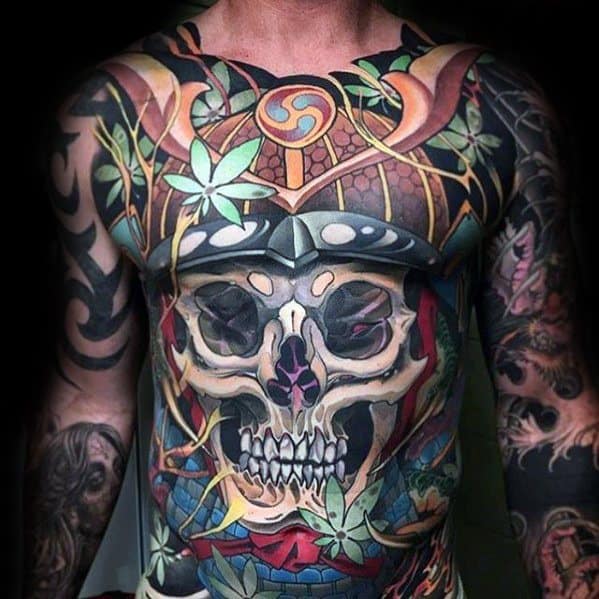Samuari Helmet With Skull Male Great Tattoo Designs On Full Chest