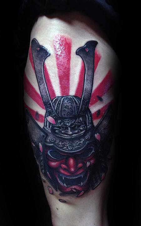 Samuari Mask Tattoo With Rising Sun Mens Thigh Tattoos