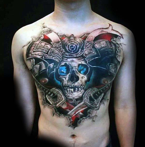 Samuari Skull With Swords Extreme Male Chest Tattoo Ideas