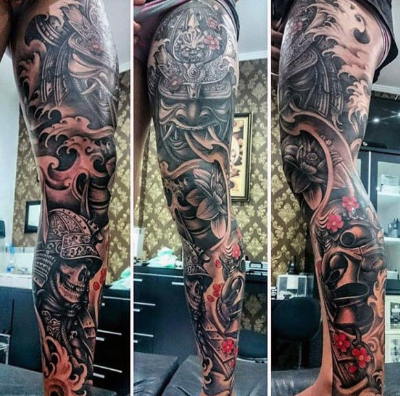 Samuari Warrior Skull Mens Leg Sleeve Japanese Tattoo