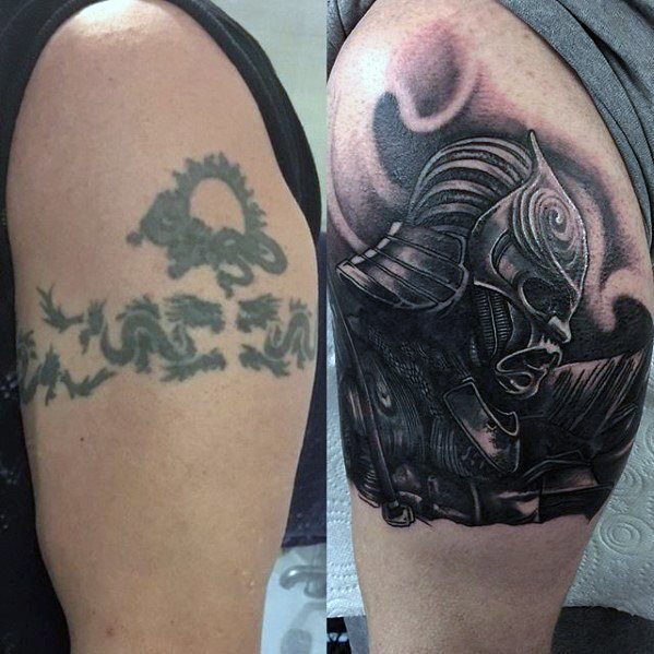 Samuari Warrior Upper Arm Tattoo Cover Up Ideas For Males