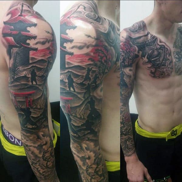 Samuari Warriors With Temple Guys Japanese Full Arm Sleeve Tattoos