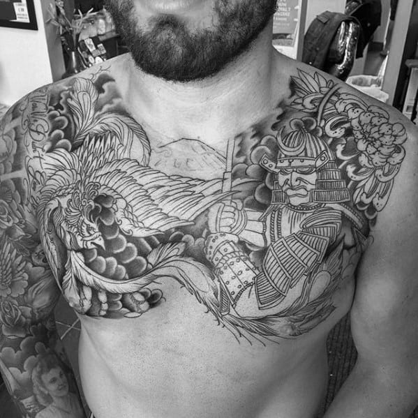 Samuari With Phoenix Mens Japanese Upper Chest Tattoos