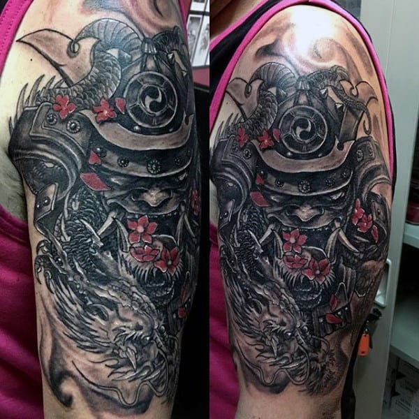 Samurai Mask And Dragon Dark Shaded Half Sleeve Tattoo For Guys