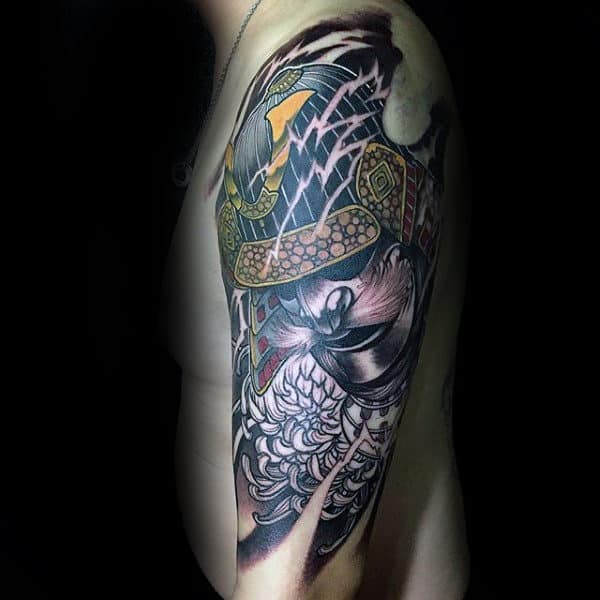 Samurai Warrior Mask Chrysanthemum Flower Mens Half Sleeve Tattoo