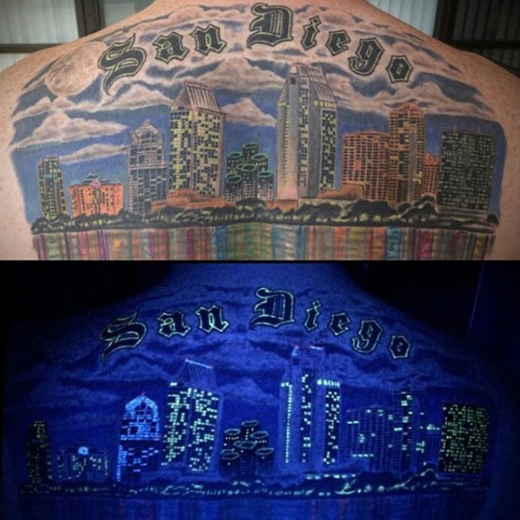 San Diego Skyline Mens Back Tattoo With Glow In The Dark Uv Ink Effect