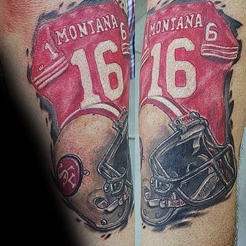 San Francisco 49ers Montant Footbacll Jersey With Helmet Mens Arm Tattoo