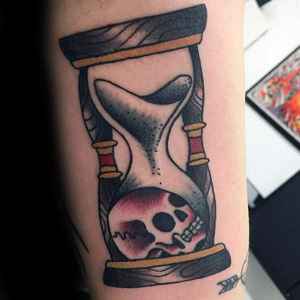 Sand And Skull Inside Hourglass Guys Traditional Inner Arm Bicep Tattoo