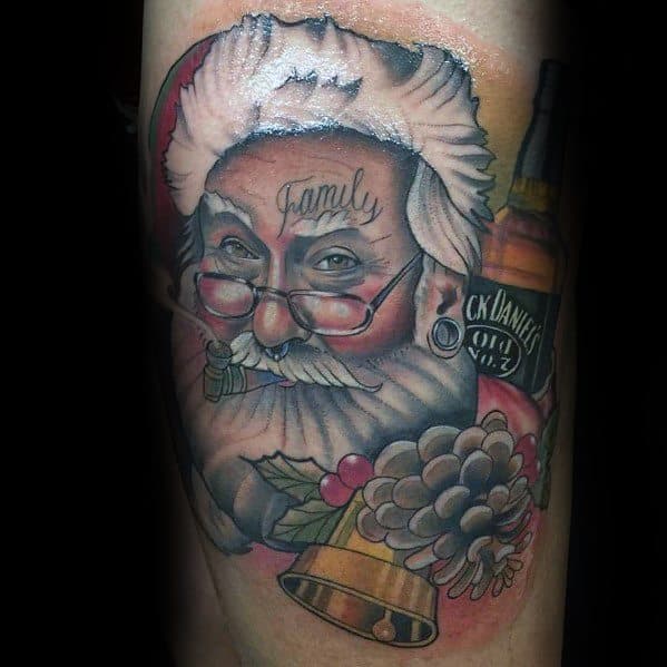 Edgy Santa Claus tattoo with unique details, featuring a "Family" forehead tattoo, glasses, festive elements, and a Jack Daniel's bottle for a bold twist.