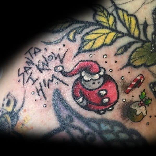 Playful and whimsical Santa Claus tattoo featuring a round, cartoon-style Santa with festive elements and the quote "Santa, I know him!"