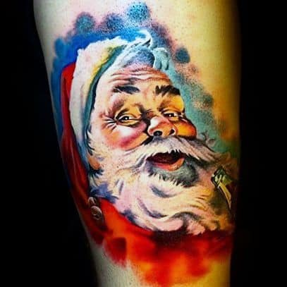 Vibrant and realistic Santa Claus tattoo with rich colors, expressive eyes, and dynamic shading, capturing a joyful and festive holiday spirit.