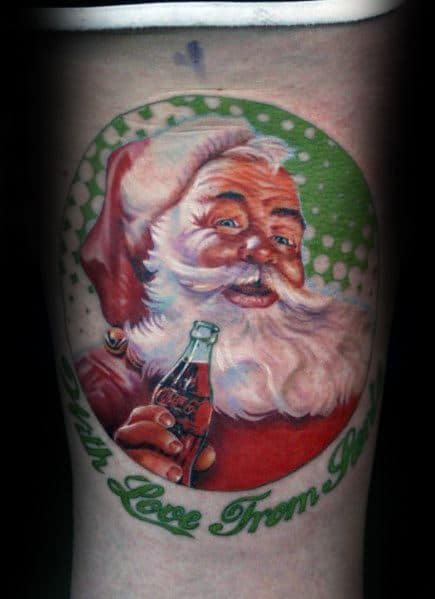 Classic Coca-Cola Santa Claus tattoo with vibrant colors, detailed shading, and a nostalgic holiday feel, featuring Santa holding a glass Coke bottle.