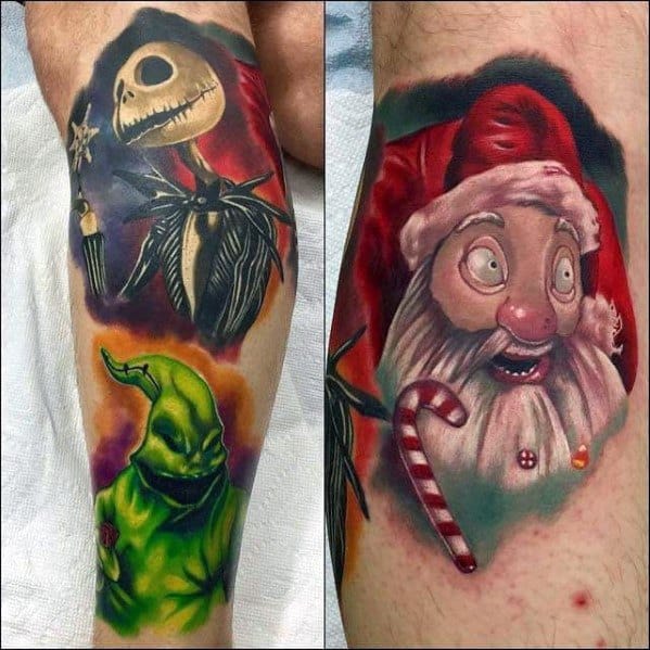 Vibrant *Nightmare Before Christmas*-themed tattoo featuring Jack Skellington, Oogie Boogie, and a whimsical Santa with exaggerated features.