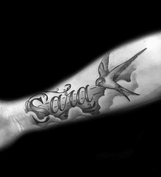 Sara With Flying Bird In Clouds Guys Forearm Name Tattoo