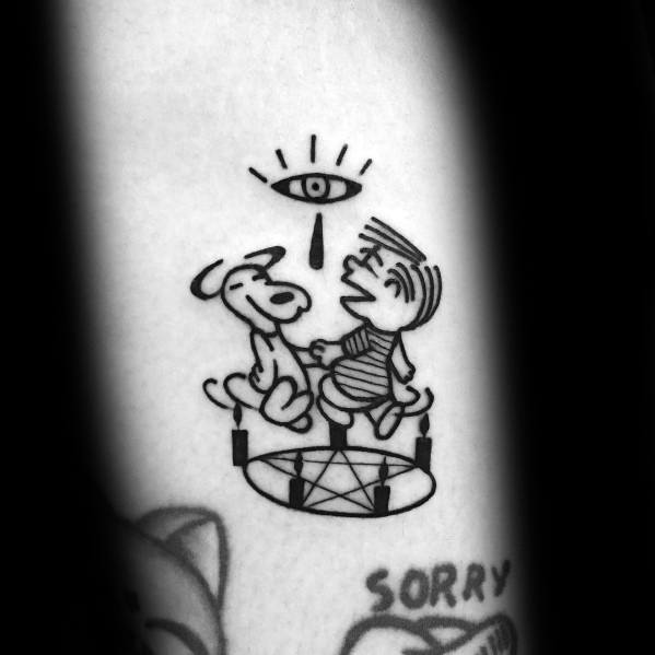 Black and white tattoo of Snoopy and Linus sitting on a pentagram, holding hands, with an all-seeing eye and a teardrop above them.