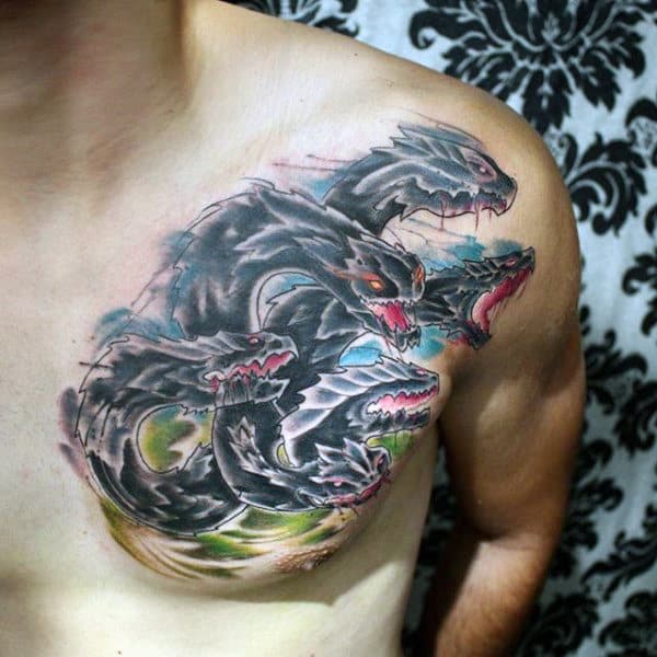Savage Sea Serpent Watercolor Tattoo On Chest For Guys