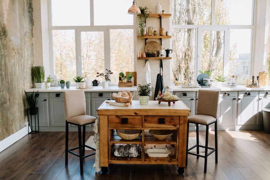 farmhouse open kitchen with gray cabinets and island