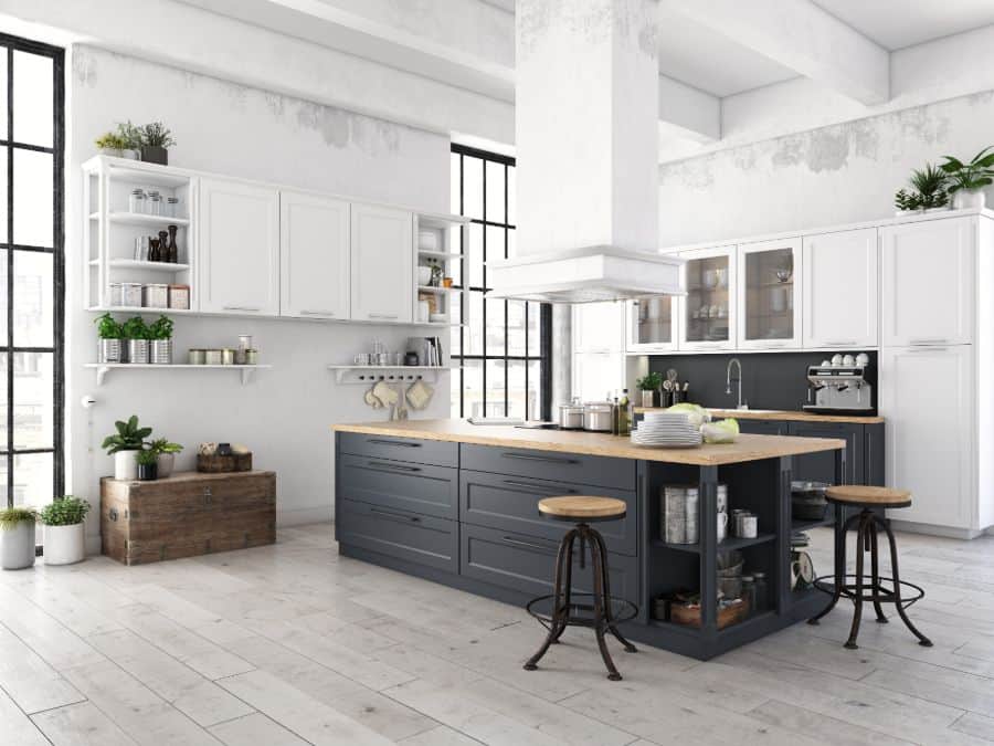 large industrial style warehouse kitchen with gray cabinets