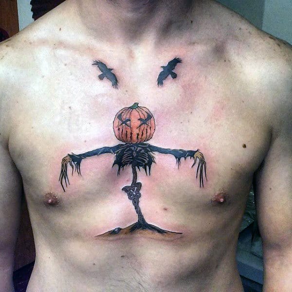 Scarecrow With Pumpkin Head Mens Chest Tattoo