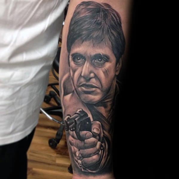 Scarface With Revolver Mens Inner Forearm Tattoo